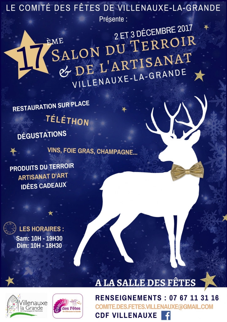 Affiche du 17e salon du terroir et de l'artisanat de Villenauxe la grande qui aura lieu les 2 et 3 décembre 2017 à la salle des fêtes de Villenauxe