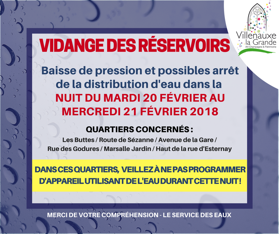vidange des reservoirs coupure d'eau 20 février 2018 villenauxe-la-Grande 21 février 2018
